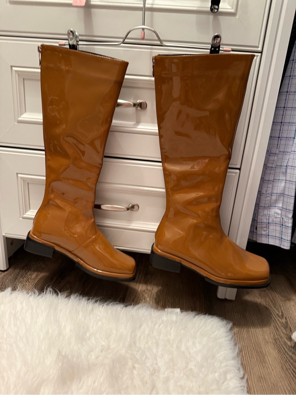 Tall Patent Rain Boots in Cognac Brown